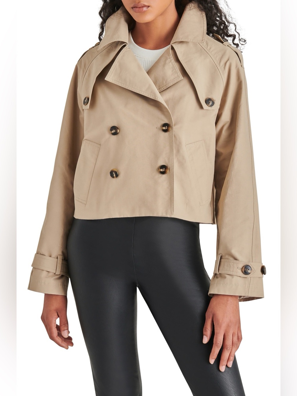 Steve Madden Cropped Beige Double-Breasted Trench Coat Size M